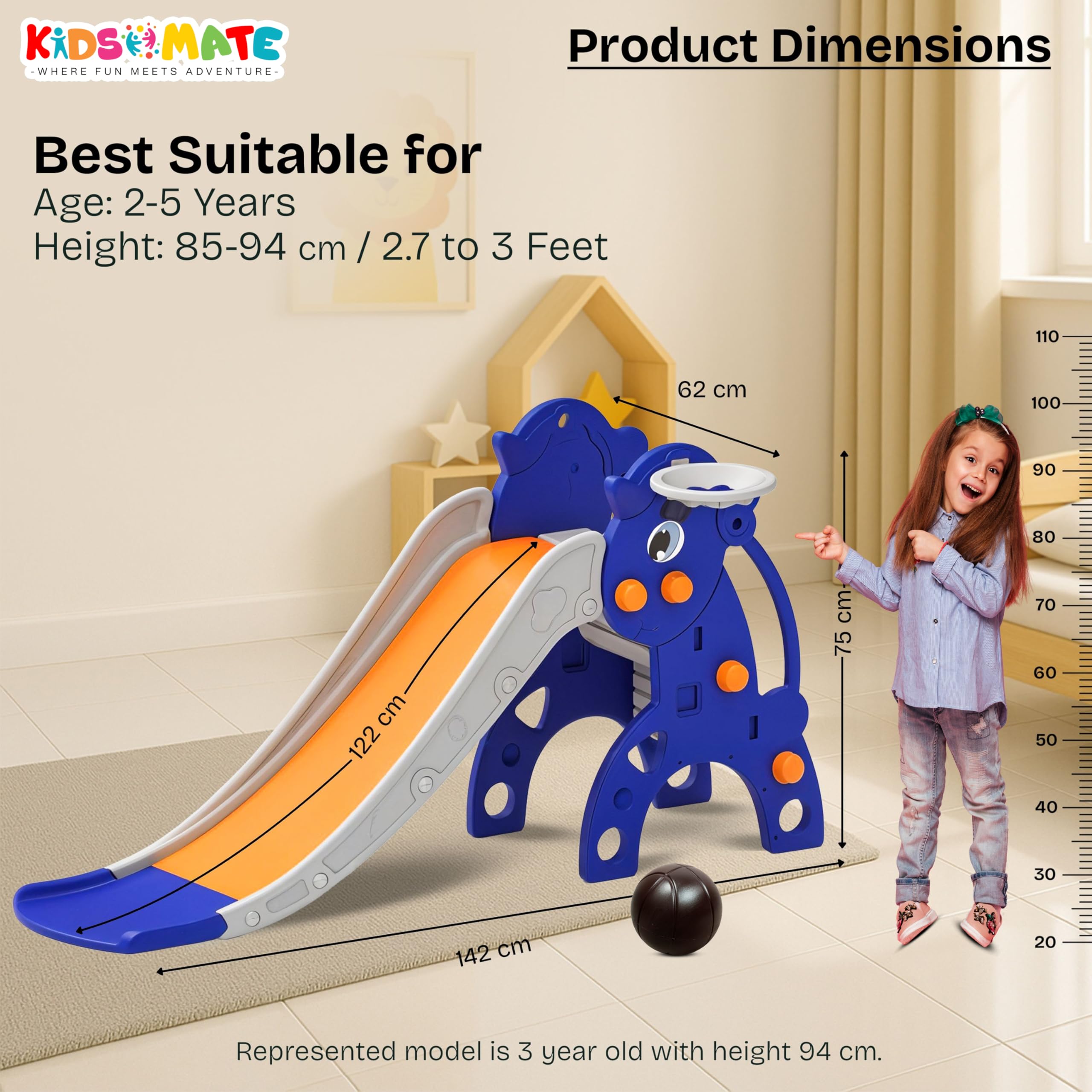 Kidsmate Unicorn Slide for Kids with Basketball Hoop | Baby Slides Indoor Outdoor Playset for Kids 2 Years+ | Safe & Sturdy Slider Toy | Fun Activity Children Sliding for Boys & Girls β Orange
