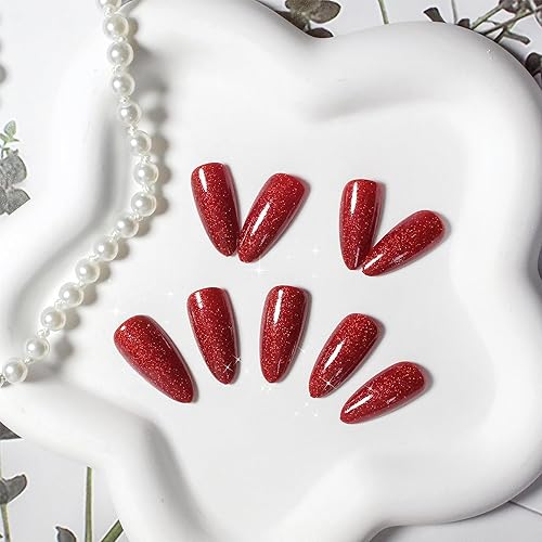 Miniatura 10 de Uñas postizas a presión negras con purpurina, uñas postizas medianas de almendra a presión, uñas postizas brillantes iridiscentes acrílicas con