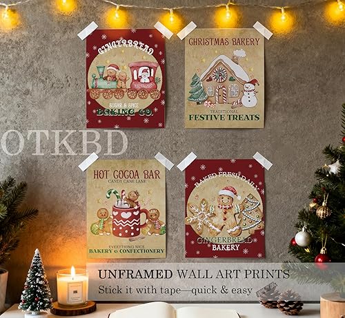 Miniatura 2 de OTKBD Juego de 4 impresiones artísticas de pared de pan de jengibre navideño, decoración de panadería navideña, hombre de jengibre retro, decoración