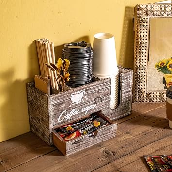 OKSQW Rustic Coffee Station Organizer Wooden Coffee Bar Accessories Box for Counter Farmhouse Tea Condiment Holder Storage Basket for Coffee Pod, Bag, Cup,Syrup