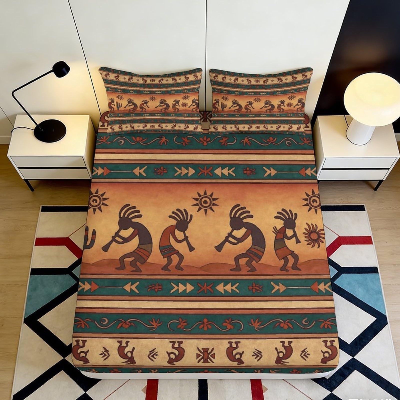 3D Printed Tribal Art Fitted Sheet Microfiber Soft Breathable Ethnic Motif Mattress Cover for Bedroom Dorm Decor 90x200x25cm