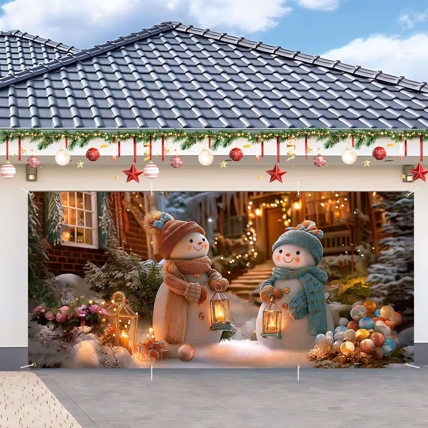 Bannière porte de garage Noël 2,1x4,9m décorations bonhomme de neige