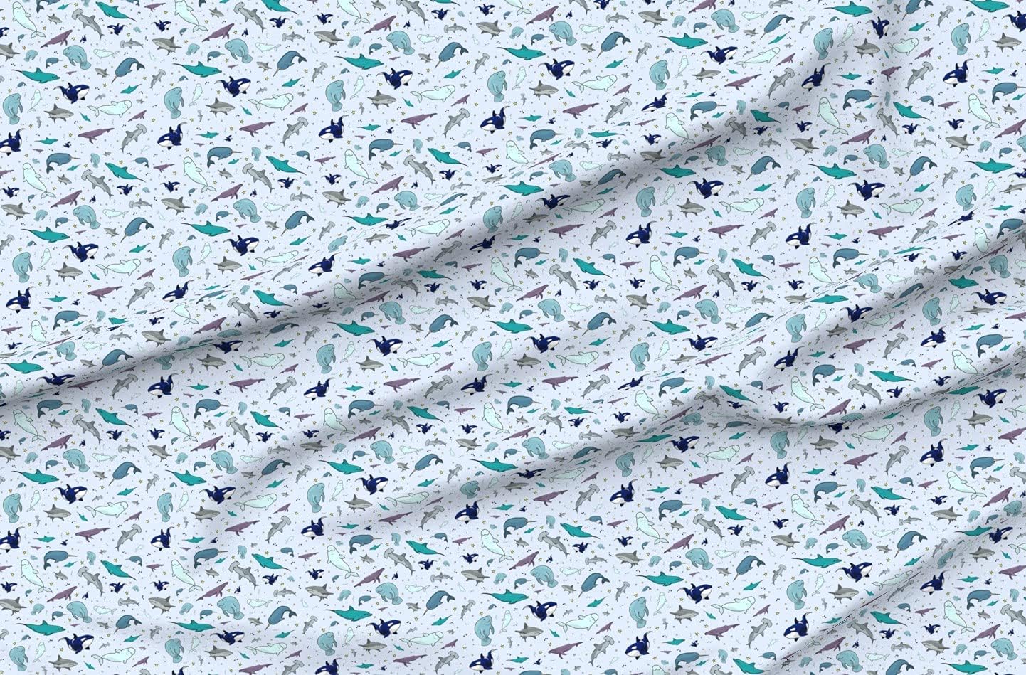 Spoonflower Fabric - Ocean Blue Sea Animals Whale Beluga Manatee Printed on Organic Cotton Sateen Fabric by The Yard - Sewing Quilting Apparel Home Decor