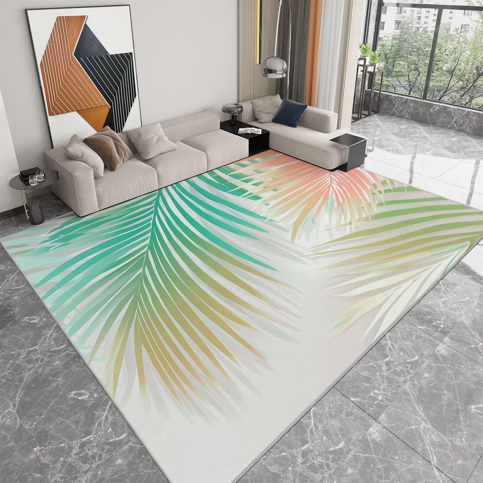 Tapis Salon Feuilles De Palmier Roses Et Vertes 160x230cm Tapis Poil Ras Moderne Doux et Antidérapant, pour Salon Chambre Bureau & Durable & Lavable en Machine