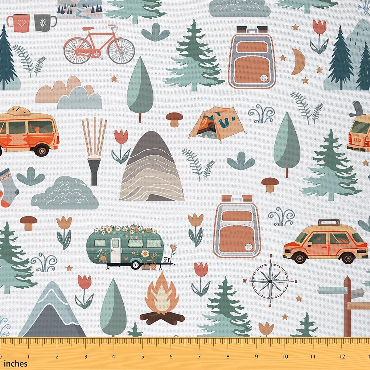 Camper Theme Fabric by The Yard, Happy Camping Upholstery Fabric, Travel Car Rv Accessories Decorative Fabric, Botanical Flowers Mountain Adventure Waterproof Fabric for Quilting, Black, 3 Yards