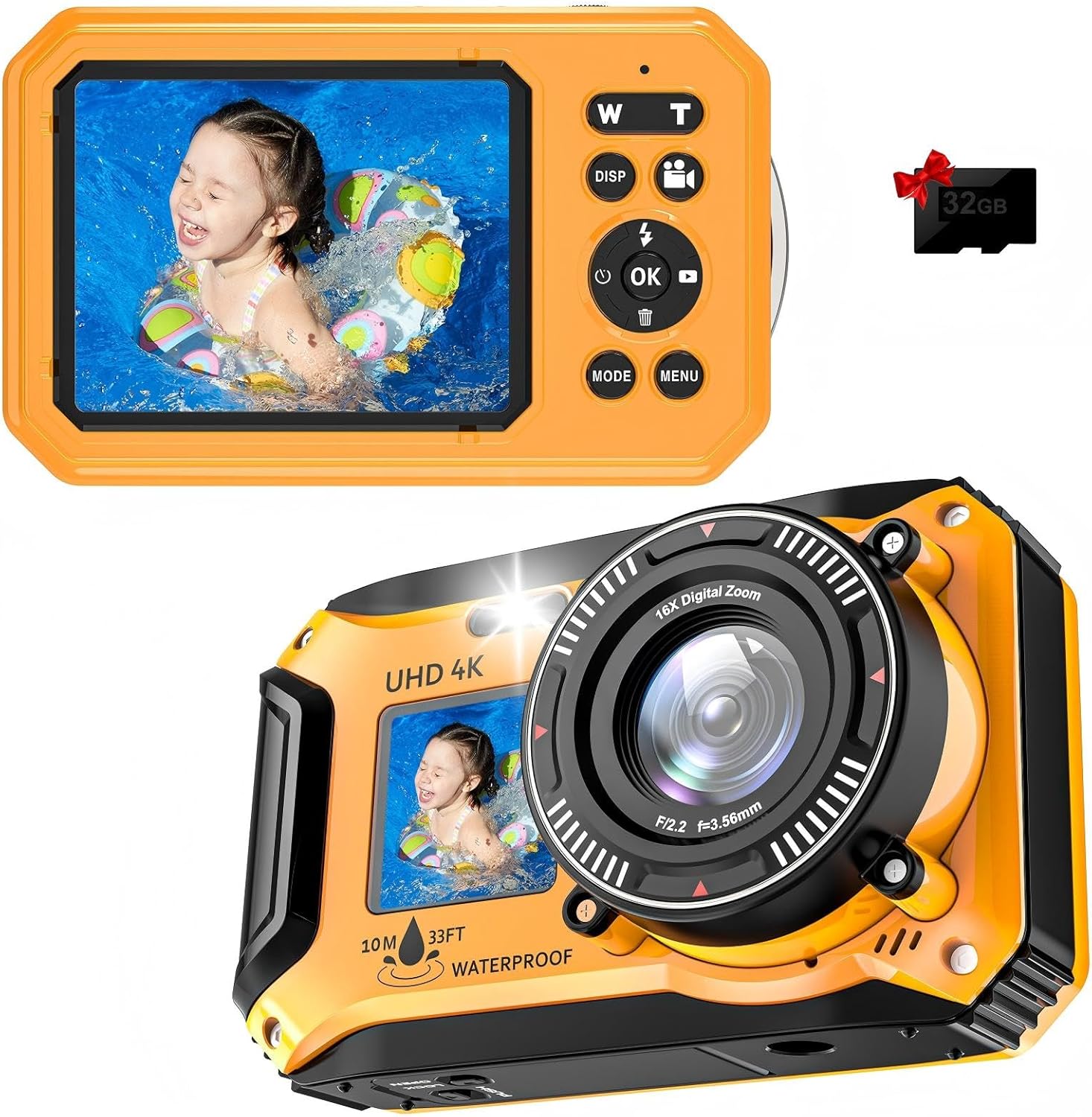4K 56MP 33FT UHD Underwater Digital Camera for Snorkeling with 32GB Card Dual-Screen Compact Waterproof Dustproof Floatable Autofocus Point and Shoot Digital 1500mAh Battery
