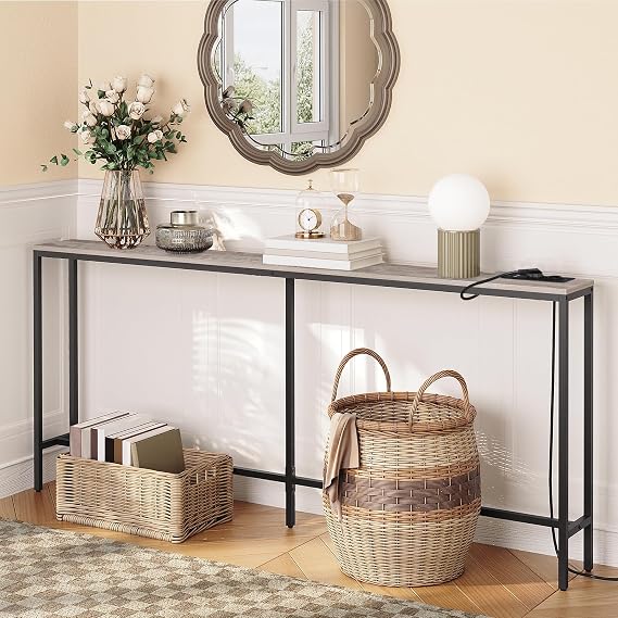 MAHANCRIS Console Table with Power Outlet, 180 cm Narrow Sofa Table, Industrial Entryway Table with USB Ports, Behind Couch Table for Entryway, Hallway, Foyer, Living Room, Geige ACTHG18KE01N1