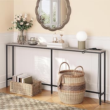 MAHANCRIS Console Table with Power Outlet, 180 cm Narrow Sofa Table, Industrial Entryway Table with USB Ports, Behind Couch Table for Entryway, Hallway, Foyer, Living Room, Geige ACTHG18KE01N1