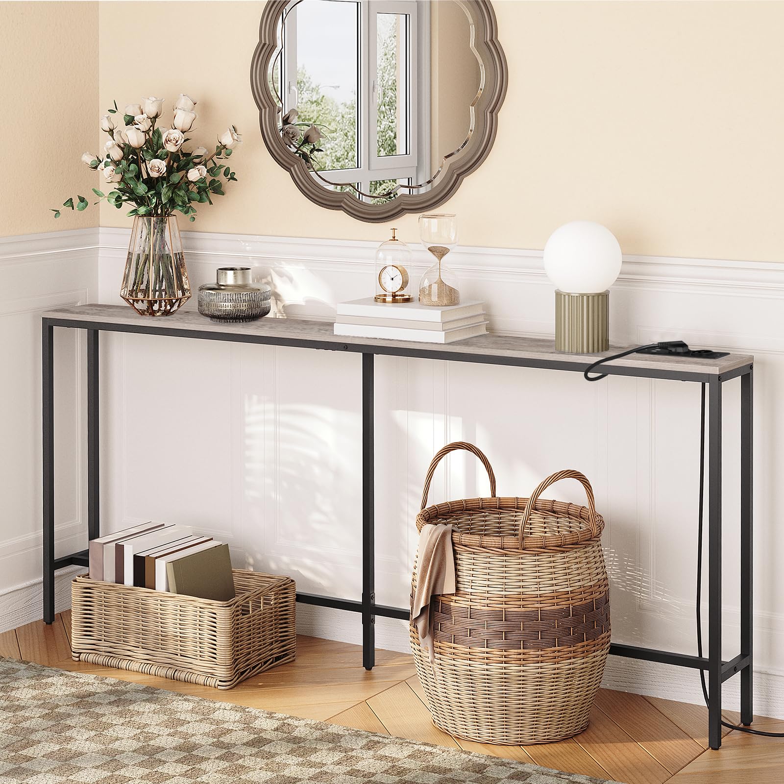 MAHANCRIS Table Console avec Station de Charge, Console Meuble Mince de 200 cm, Table d'Entrée Industrielle avec Ports USB, Canapé pour Entrée, Couloir, Gris ACTHG20UE01