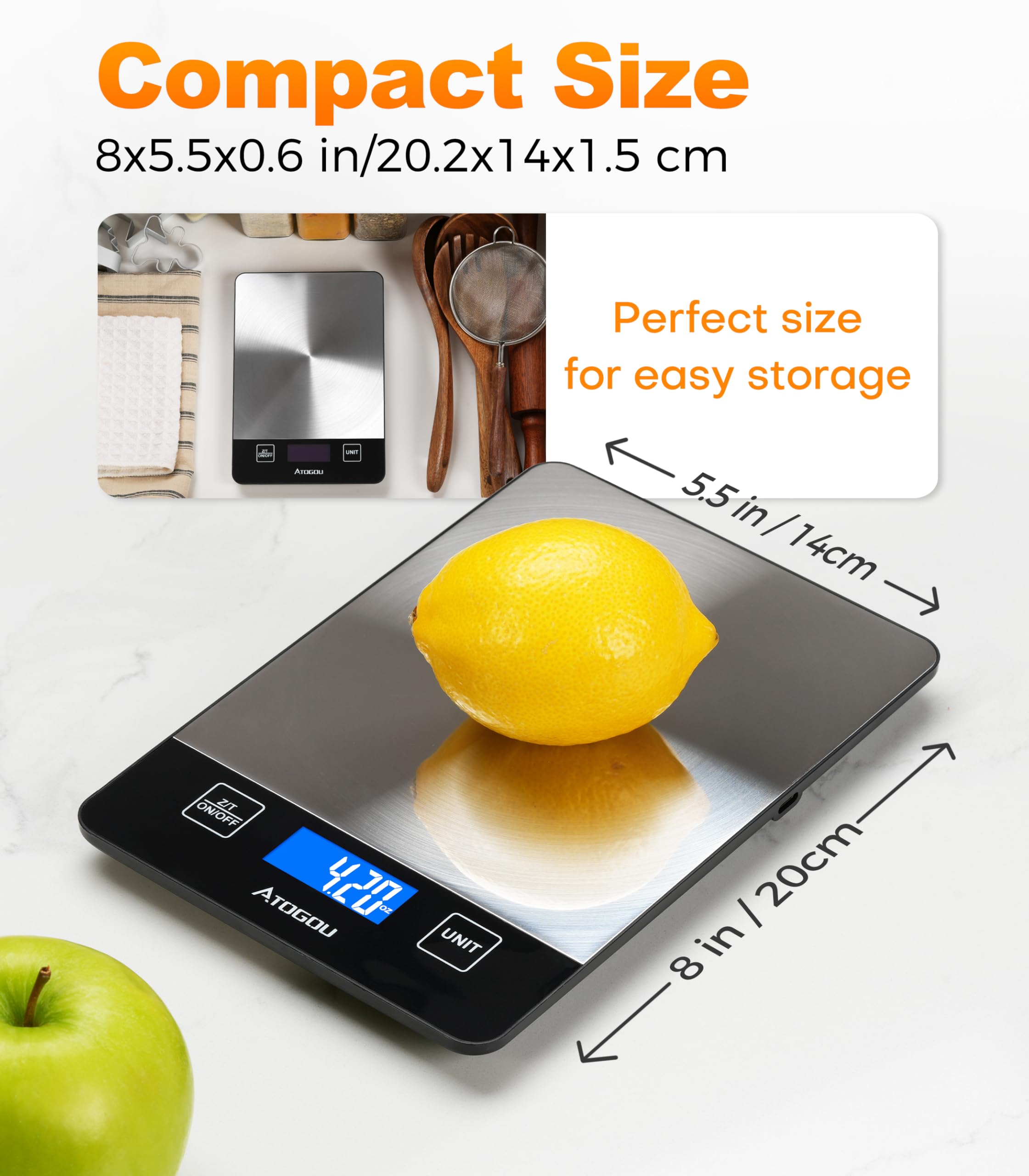 ATOGOU Báscula de cocina recargable con pantalla LCD retroiluminada de visión completa, superficie de acero inoxidable impermeable, carga USB o pilas AAA (no incluidas), para hornear, cocinar