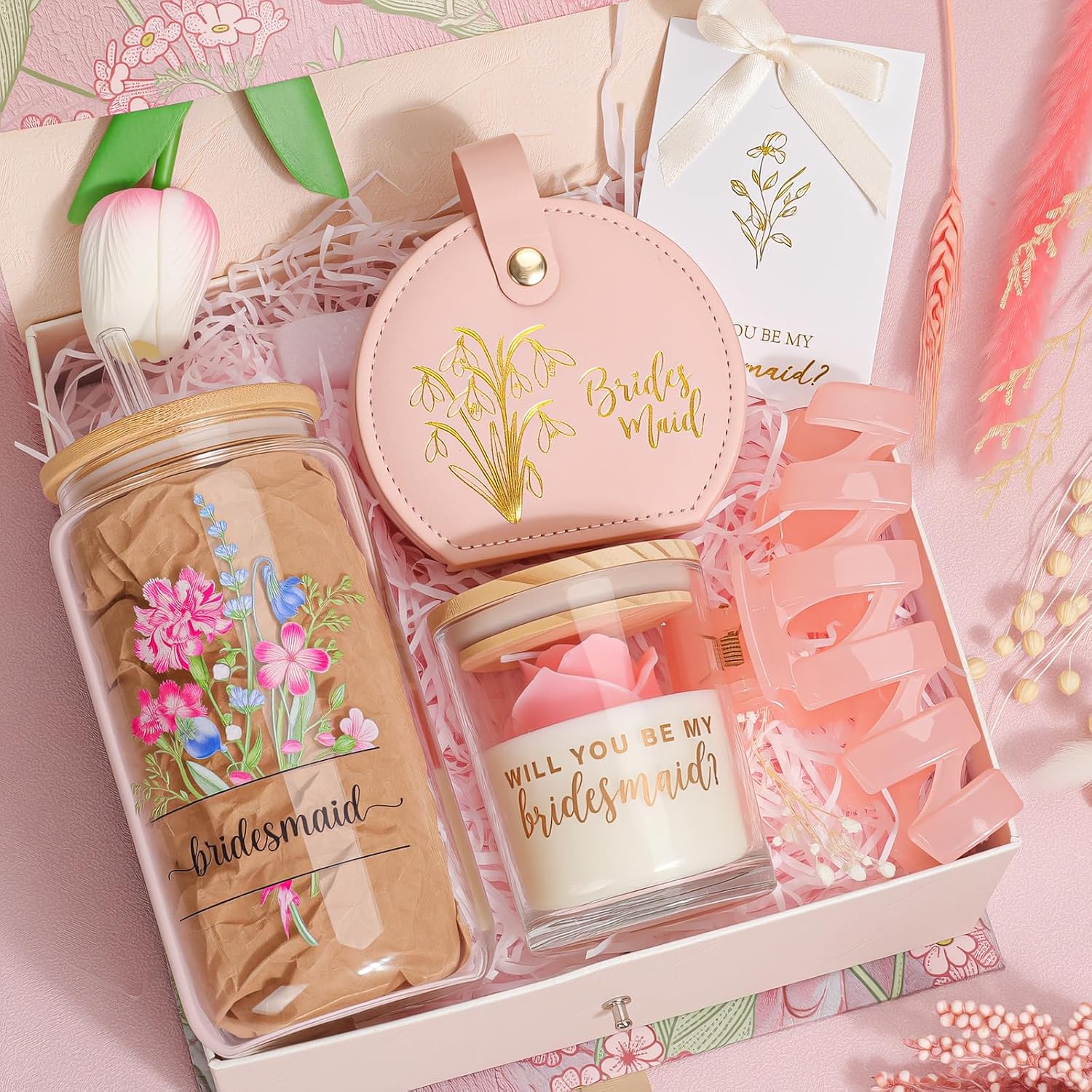 Bridesmaid Proposal Gift Box, Bridesmaid Gift Set with 16oz Glass Cup, Jewelry Box, Tulip Candle, Hair Claw Clip & Proposal Card for Bridal Party