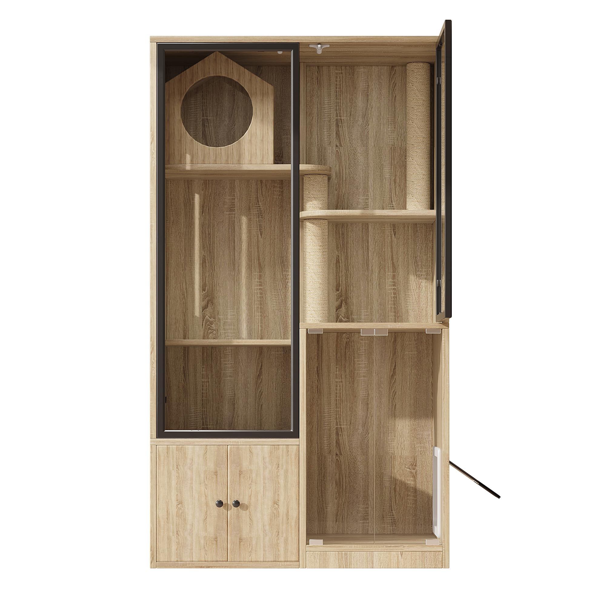 Jaula grande para gatos de 90 x 50 x 160 cm, 4 pisos con frontal de cristal, casa para gatos resistente al invierno y casa para animales pequeños, incluye postes rascadores, para interior y exterior