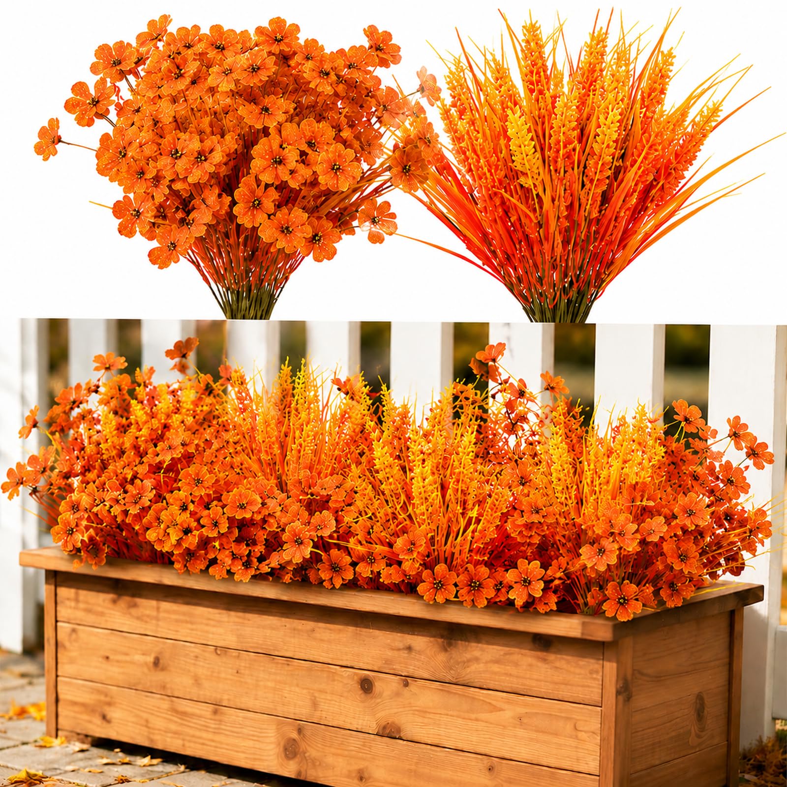 CECOMBINE 24 Pcs Fall Artificial Flowers,UV Resistant Silk Plants, Artificial Balcony Plants for Outside Window Box Porch Garden Balcony Autumn Decoration, Sunset Red & Yellow