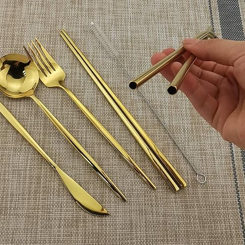 Miniatura 2 de Gugrida 8 utensilios reutilizables con funda, utensilios de almuerzo de oficina, juego de cubiertos portátiles dorados de acero inoxidable con bolsa
