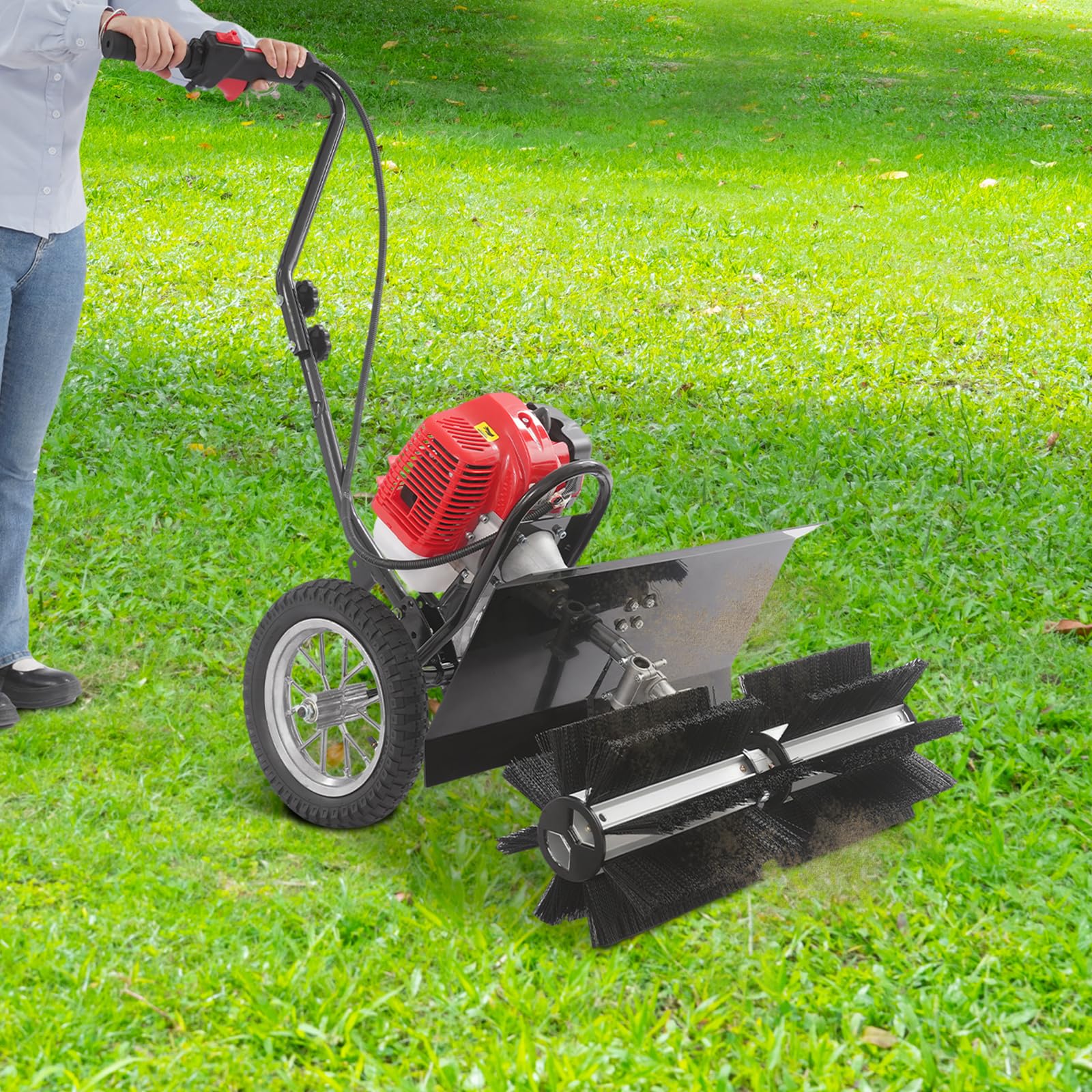 43CC Kehrmaschine Benzin 2-Takt Motorbesen, RäUmgeräT Schnee Sweeper, 60 cm Bürstenbreite 1,25 kW / 1,7 PS Handkehrmaschine für Kunstrasen, Straßen und Schneeräumung