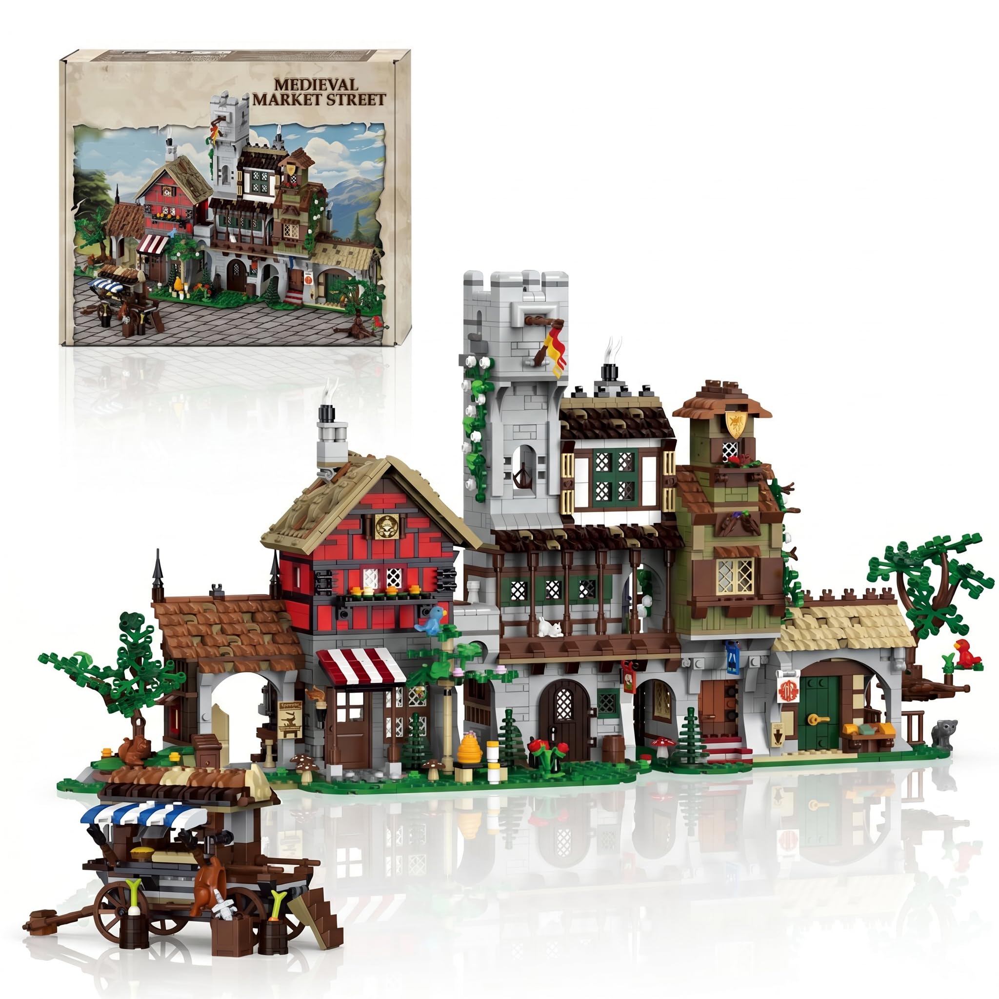 Klemmbausteine Mittelalter Marktplatz - 3021 Teile Mittelalterliche Dorfstraße Modular Buildings, Ritterburg Architektur Bausteine Set für Erwachsene Kompatibel mit Barweer BWR006