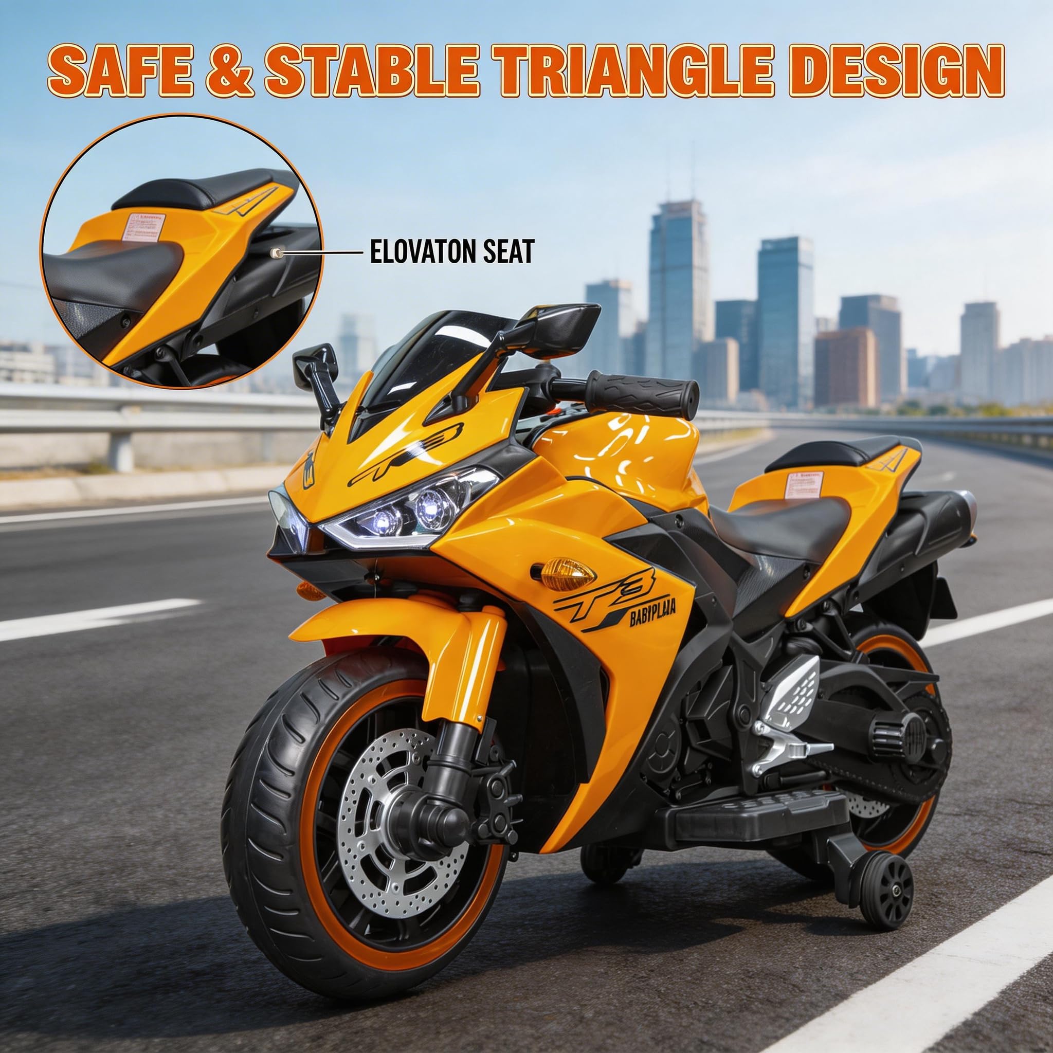 Moto elettrica per bambini, moto elettrica da 12 V, acceleratore manuale, mozzo ruota LED, funzione musicale, adatta per equitazione all'aperto, età 3-6 anni (arancione + plastica + 22,7-45 kg)