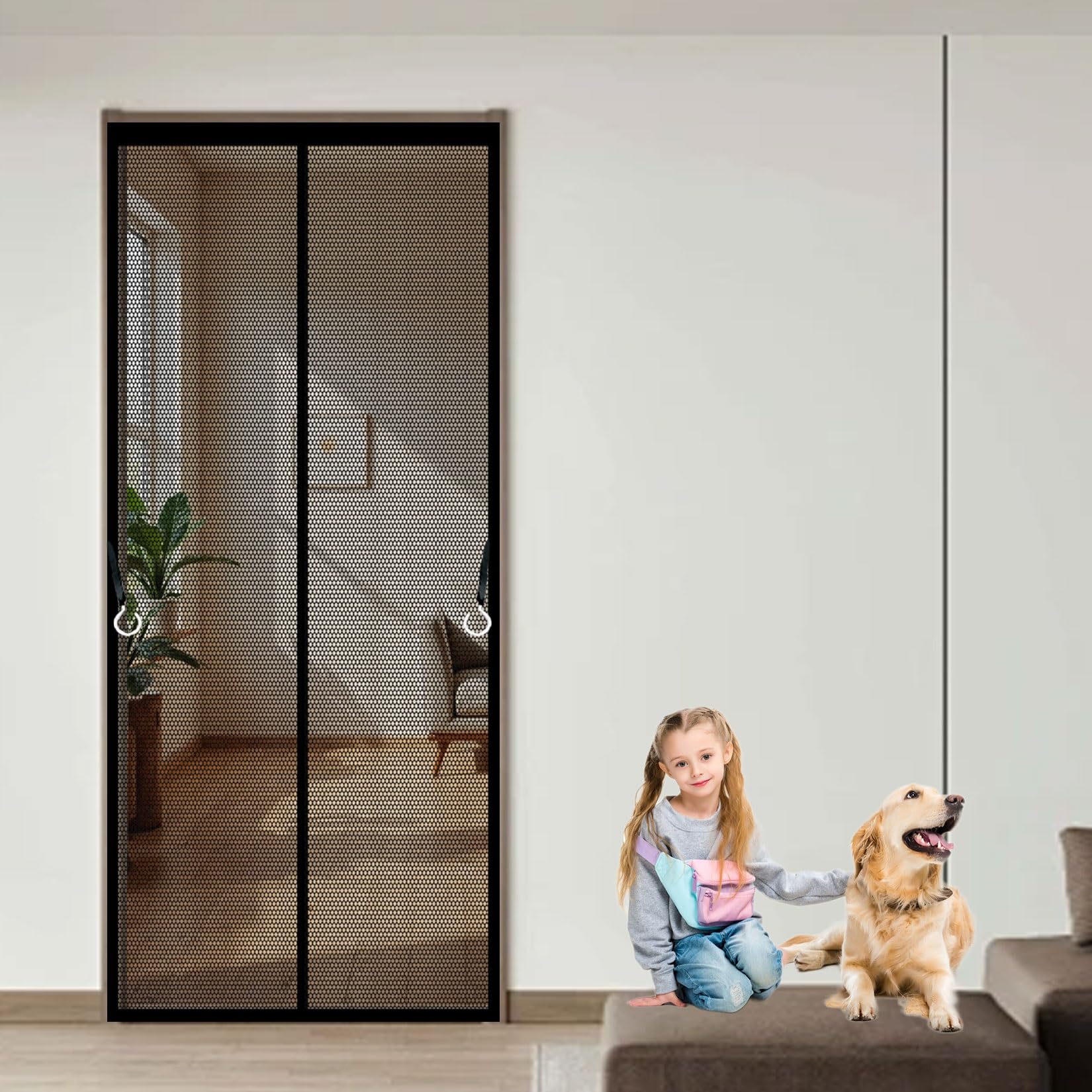 Liujyuan Black Magnetic Fly Screen Door 143 X 153 Cm Powerful Magnets, Self-Sealing, Polyester Fly Screen Curtain Without Drilling, Heavy Duty For Patio Doors Bedroom,