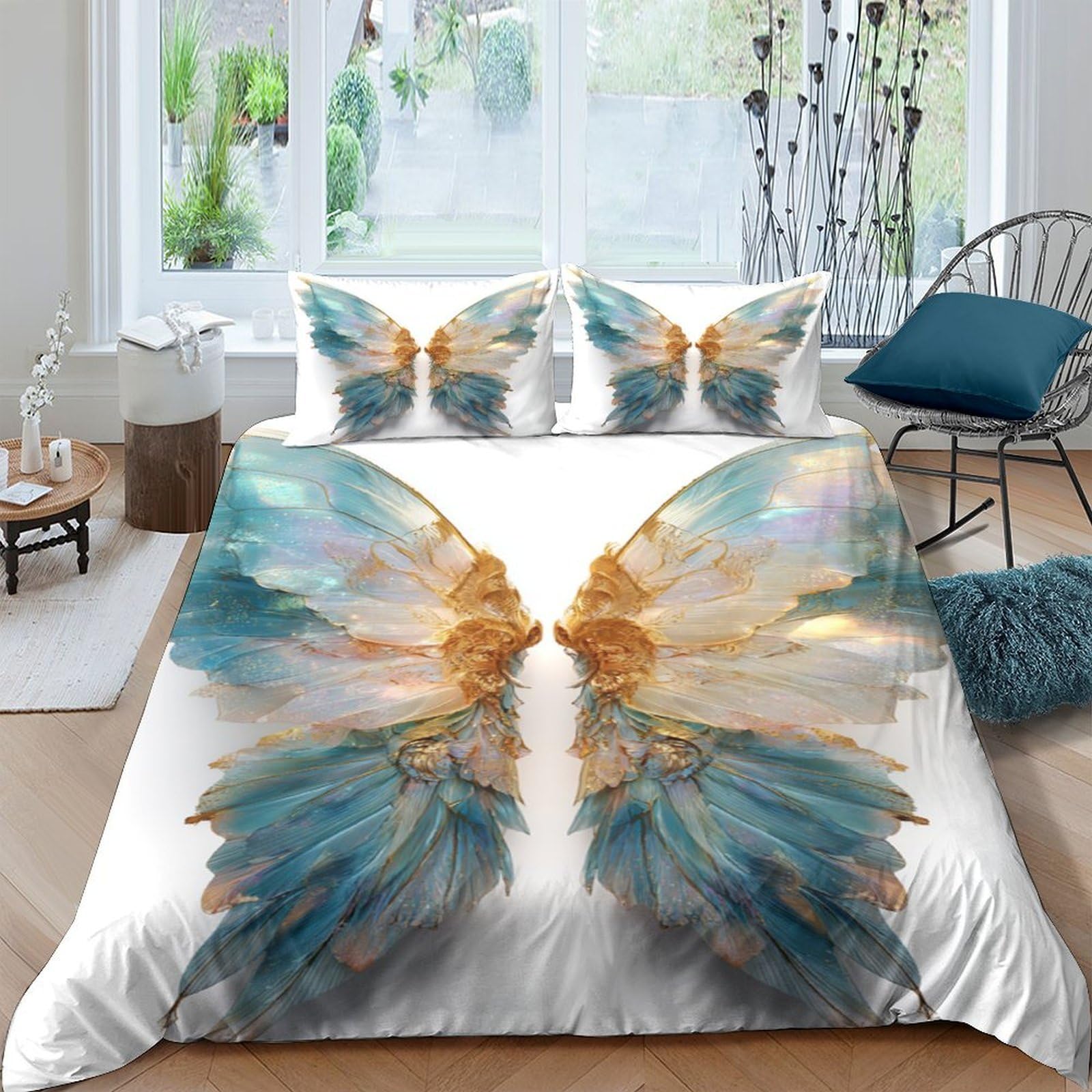 Ctjqhvkz Style-9 3D Printed Angel Wings Fitted Sheet Microfiber Soft Blue Gold Feather Bed Cover For Bedroom Guest Room Protection Decor Single（135X200cm）