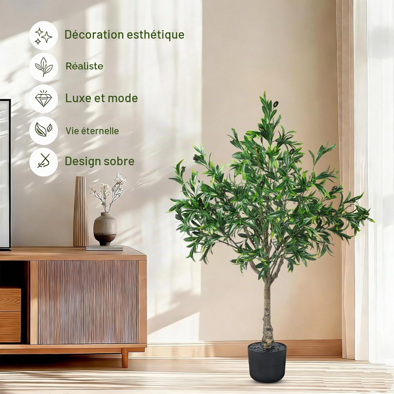 Oliviers artificiels pour intérieur et extérieur, 1 m, olivier artificiel en pot, grandes plantes d'olivier avec jardinière, tronc d'olivier naturel, feuilles de fruits réalistes pour la maison, le