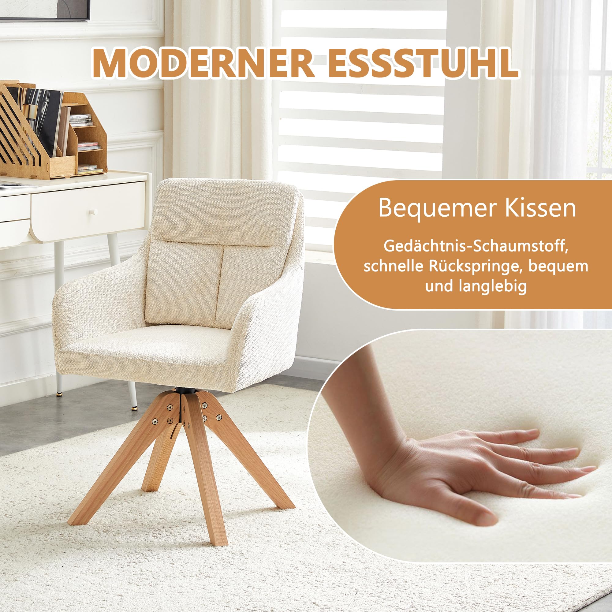 Bladez Juego de 2 sillas de comedor giratorias Bouclé con respaldo alto, silla giratoria de 360°, tela estructural con patas de madera maciza, sillas tapizadas para cocina, salón, color beige