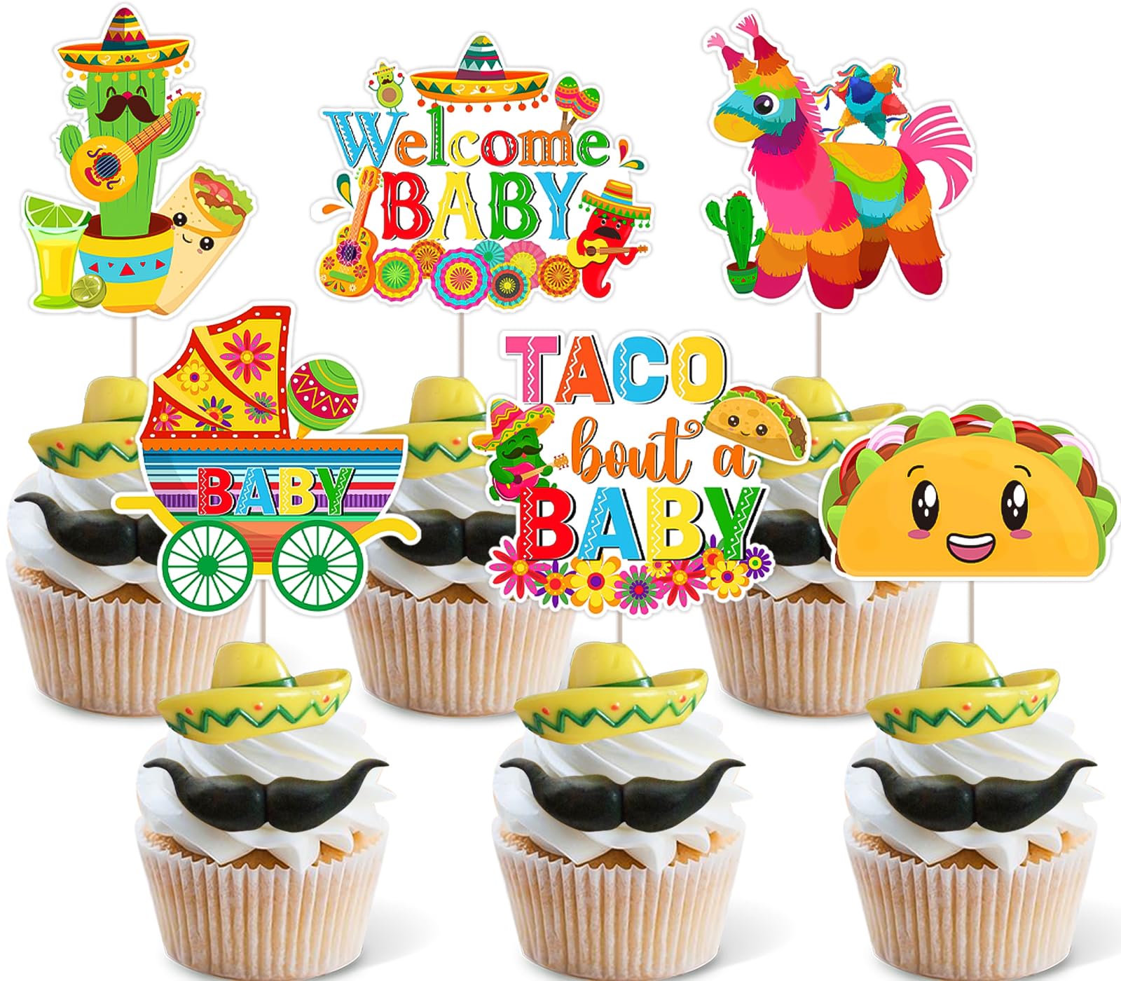 JOYMEMO 36 Pcs Taco Bout a Baby Cupcake Toppers - Mexican Fiesta Baby Shower Decorations, Double Sided Paper Taco Bout a Baby Cake Decor for Pregnancy Celebration Newborn Party