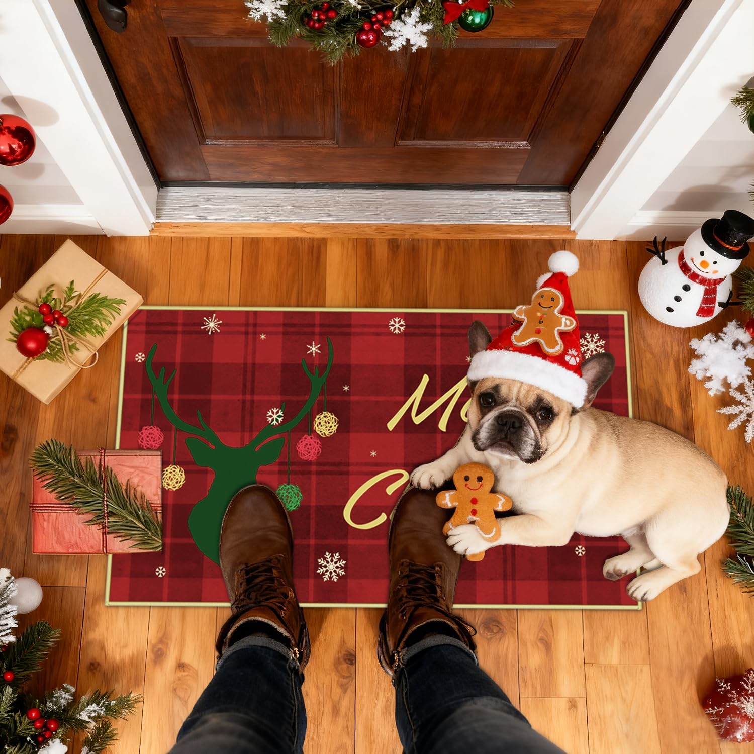EOGOW Christmas Rug,Christmas Kitchen Bathroom Rugs,Non-Slip Rubber Black Red Plaid Reindeer Design Outdoor Mat,Machine Washable,Low-Pile Rug,Winter Home Decor Floor Mat for Indoor Outdoor,17" x 29"