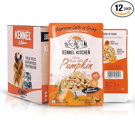 Kennel Kitchen Supreme Cuts in Gravy, Chicken Recipe with Pumpkin, 100g (Pack of 12) Wet Dog Food for Adult and Puppy