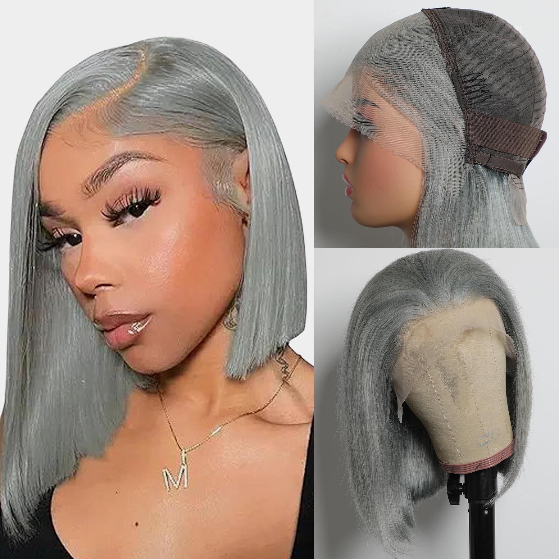 GIRLOFDREAMS Grey Bob Lace Front Wig Human Hair 13x4 Straight Frontal Wigs Glueless 180 Density Pre Plucked with Baby Hair Short Remy Transparent Lace Wigs for Black Women - Image 3