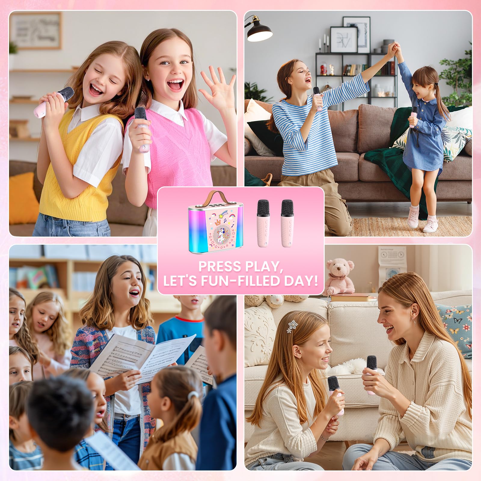 PKBD Macchina del Karaoke per Bambini: Karaoke Portatile con 2 Microfoni Senza Fili,Altoparlante Bluetooth, Effetti Vocale e Luci LED Bambini 3-15 Anni (Rosa)