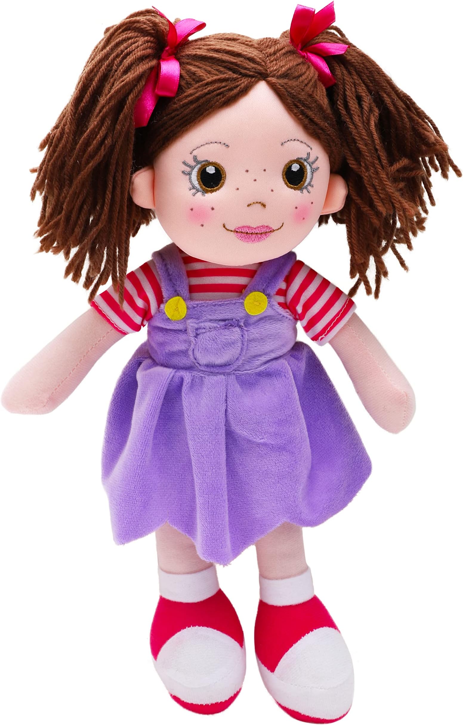 35cm Plush Ragdoll in Purple Pinafore Dress - Kids Soft Toy Dolls - Age 18m +