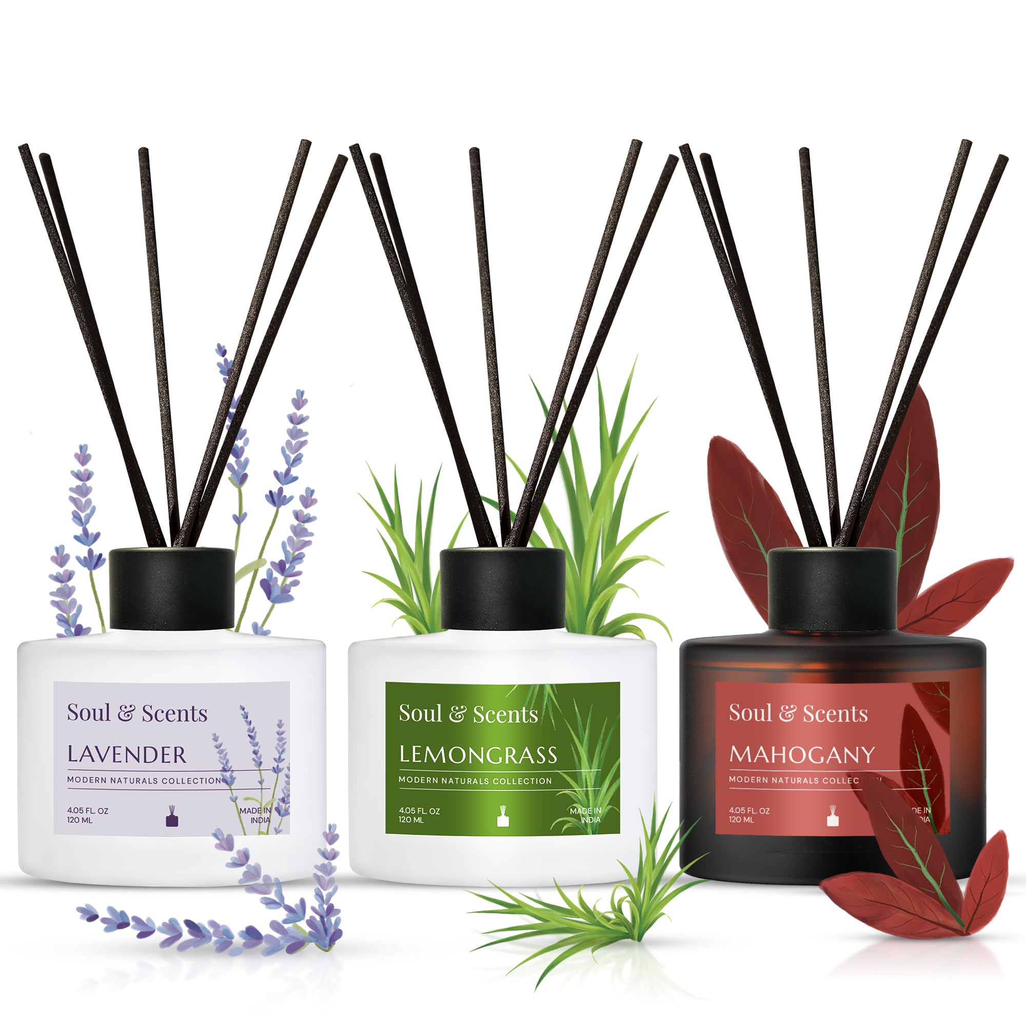 Soul & Scents Mahogany, Lavender and Lemongrass Reed Diffuser Set - 120ml with Free 6 Fiber Reed Sticks Each | Toxin Free & Stress Relief | Room Freshener for Home, Bedroom & Office | Combo Pack of 3