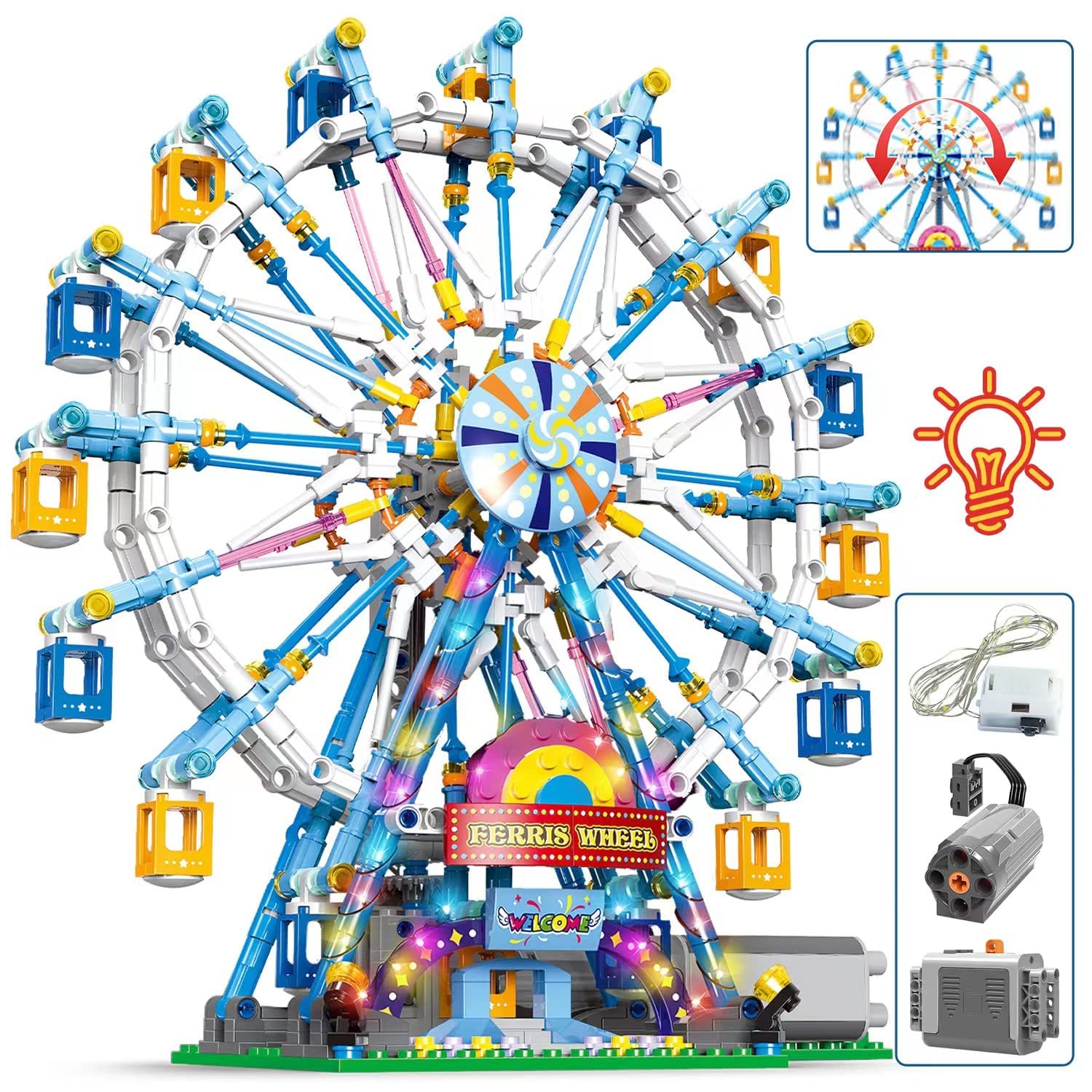 Ferris Wheel Model Building Kits with Lights, Rotating Ferris Wheel Building Blocks Set Toy,Amusement Park Building Blocks Construction Toys Set for Boys Girls Adult