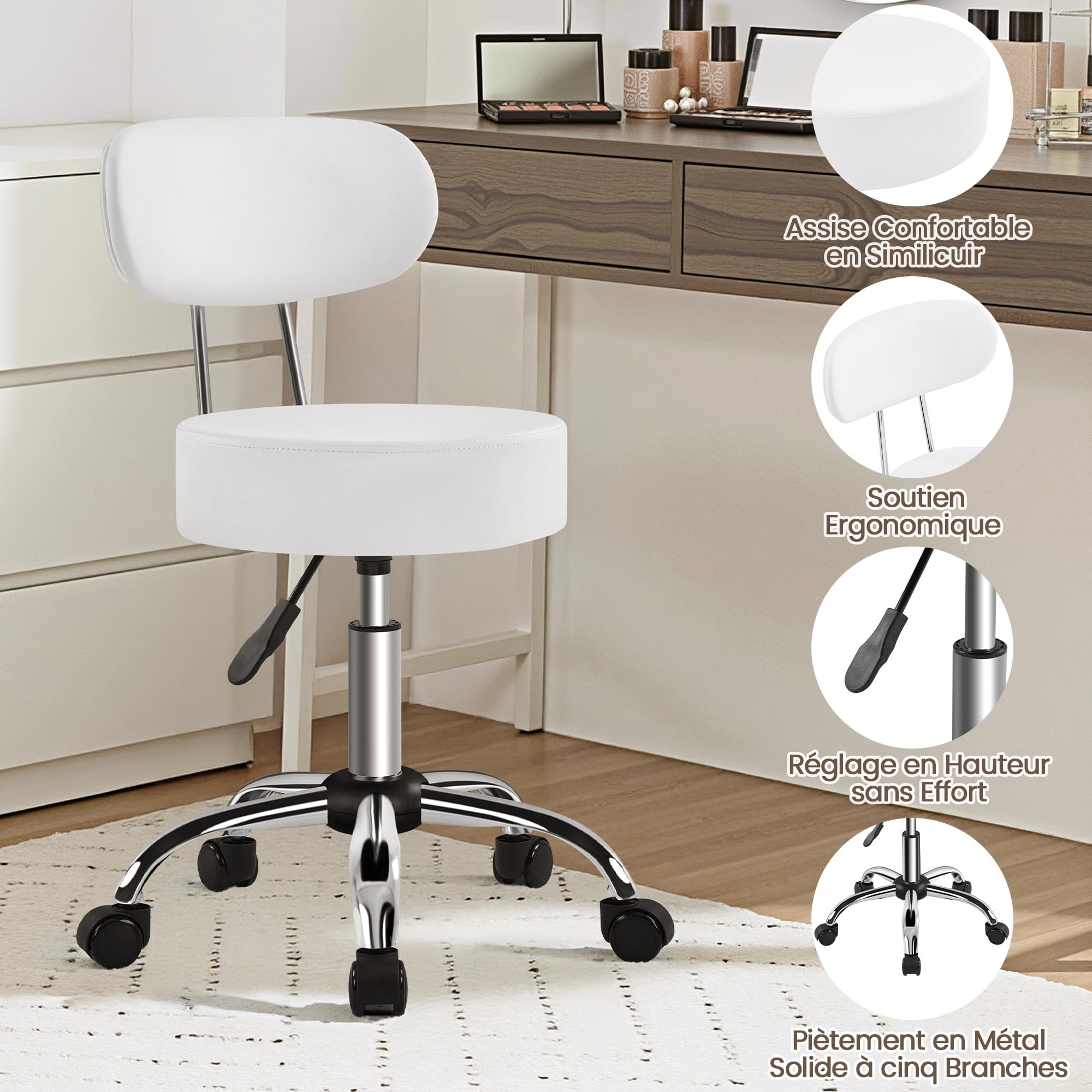 Tabouret de Bureau avec Dossier, Rotation 360°, Hauteur Réglable 75-84 cm, Siège Rembourrage 10 cm, Blanc