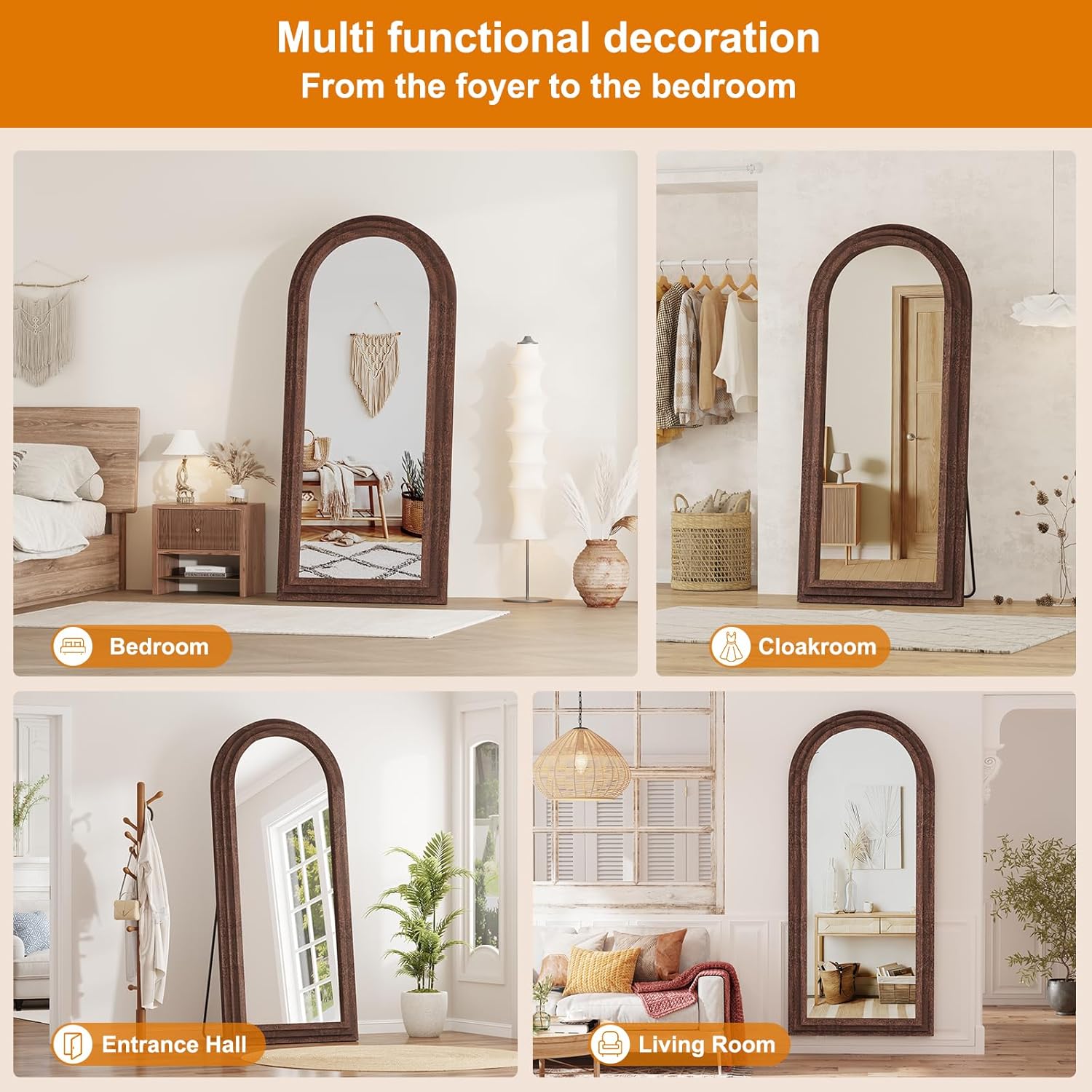 External Three-Layer Arched Full Length Mirror with Solid Wood Frame,65x22 Modern Farmhouse Decor Standing Mirror Full Length,Wall Mounted,Leaning,Standing for Bedroom,Living Room,Brown.