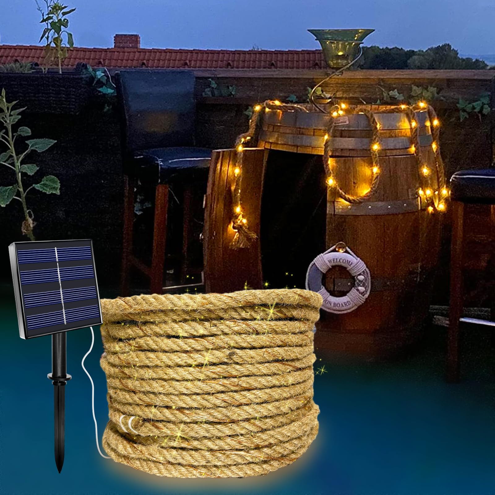 15M Solarseil Lichterkette mit 300 LEDs, Solar Hanfseil Lichterkette mit 8 Beleuchtungsmodi Wasserdicht für Gartenterrasse Balkon Schaukel Stamm Dekor
