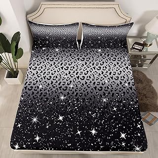 Cheetah Skin Sheets,Grey Black Leopard Print African Big Cat BedÂ Sheets for Girls Women,Sparkle Star Galaxy Glitter FittedÂ Sheet Queen,Woodland Animals BeddingÂ Set Wildlife Hunting Themed Decor