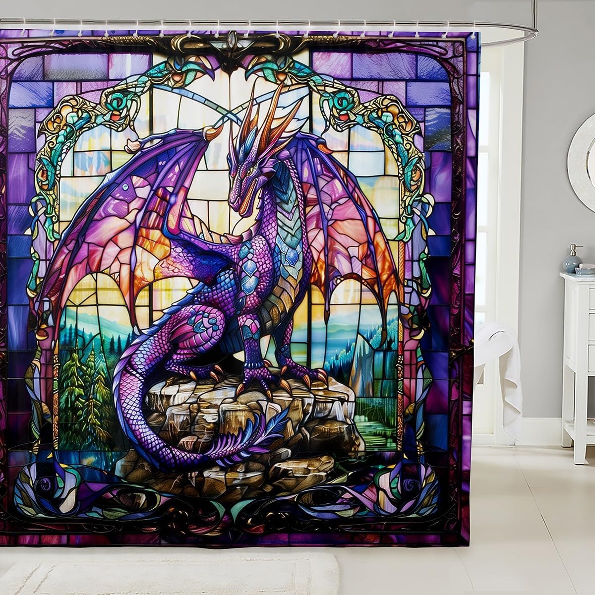 Purple Dragon Shower Curtains,Pine Mountain Natural Rustic Farmhouse Bathroom Curtains for Boys Girls Men,Western Dragon Magical Animal Trippy Waterproof Curtains,12 Hooks Suits,72" W x 78" L