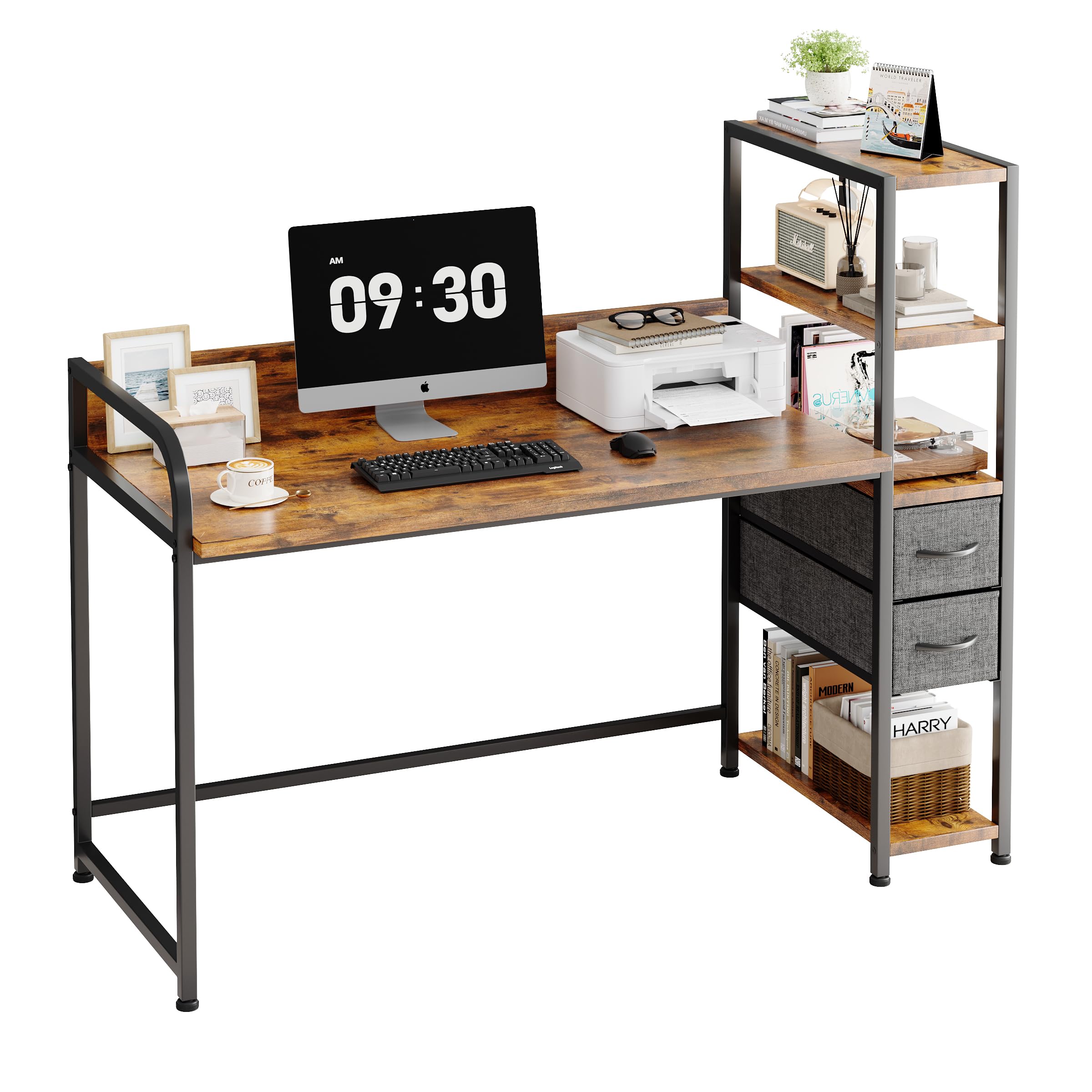 SJAVX 55 Inch Computer Desk with 2 Non-Woven Drawers & Reversible 4-Tier Bookshelf, Space-Saving Corner Workstation with Heavy-Duty MDF Top for Home Office & Gaming (Rustic Brown)