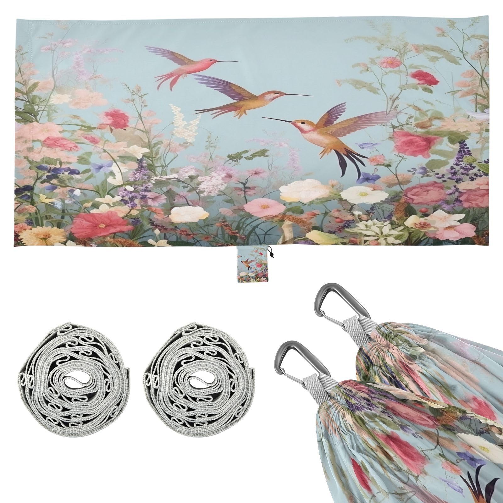 Haskirky Hummingbirds Flowers Camping Hammock, Single Portable Hammocks with Tree Straps & Attached Carry Bag, 330Lbs Capacity Perfect for Outside Indoor Hiking Beach Backpack Travel