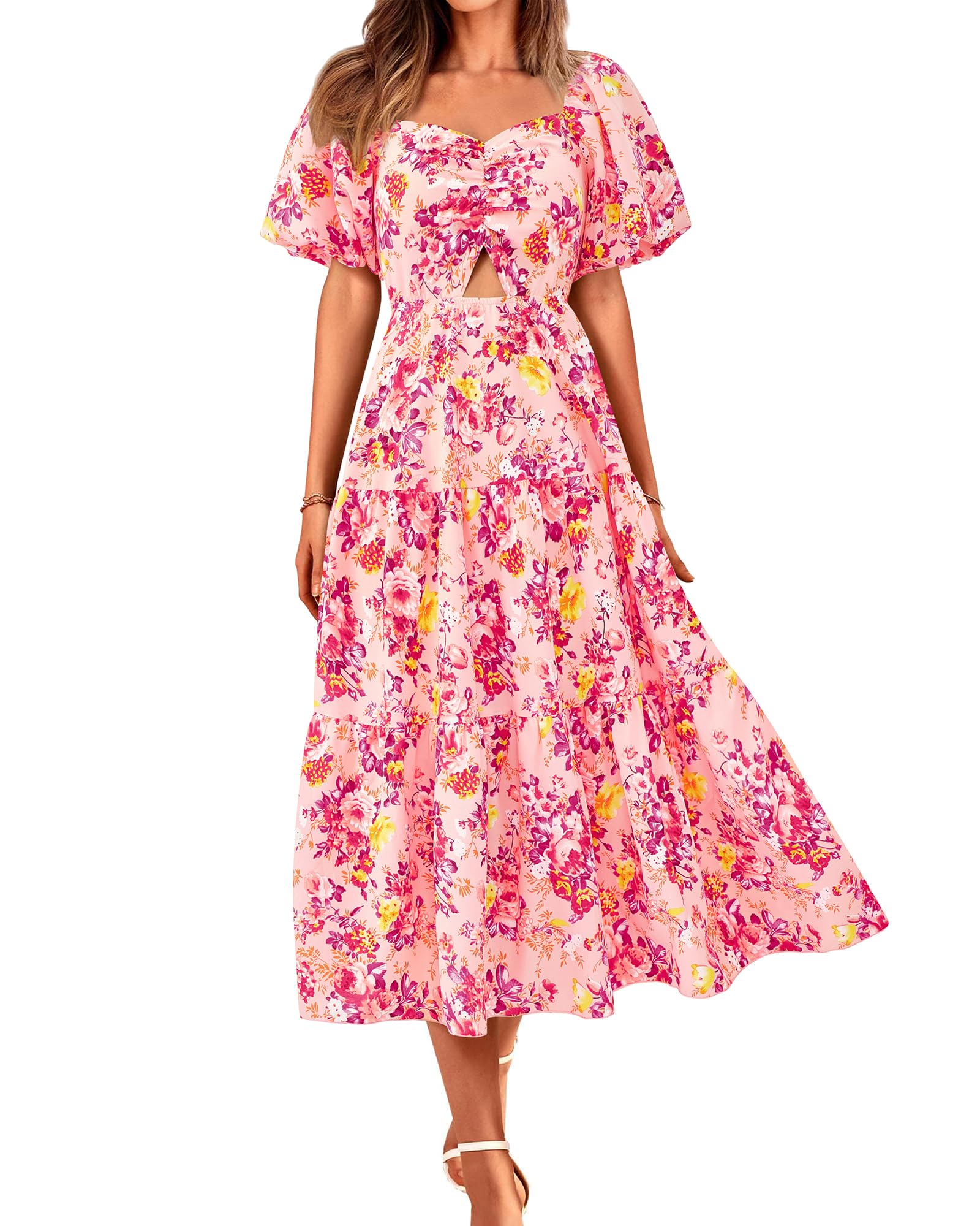 BTFBM Women's Clothing Spring Summer Dresses 2026 Beach Vacation Short Sleeve Smocked Back Boho Casual Floral Maxi Dress