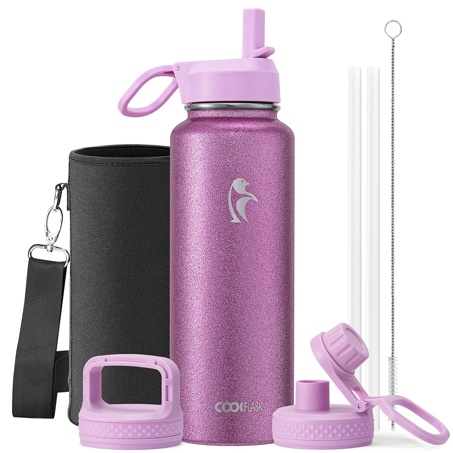Coolflask Borraccia termica con cannuccia, in acciaio inox, con 3 coperchi, per sport o ufficio, mantiene il freddo fino a 48 ore e caldo per 24 ore, rosa glitterato