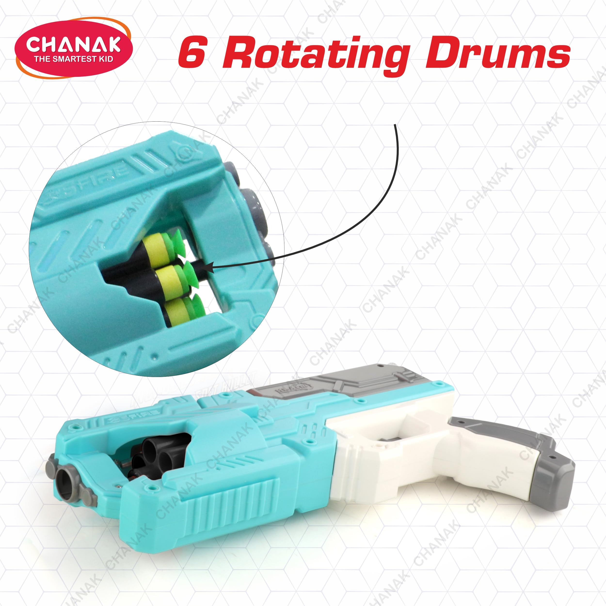 Chanak High Performance Six Fire Gun, Toy Blaster Gun With 6 Dart Rotating Drum, Hi-Arm Toy Gun For Kids Above 6 years, Accurate Upto 45 Feet, Includes 10 Soft Bullet Darts, BIS Approved. (Light Blue) - Image 4 thumbnail