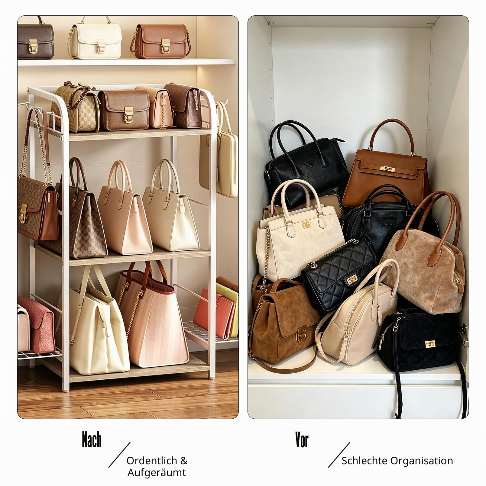 3-Stöckiges Handtaschen-Organizer-Regal, Freistehender Bag Storage Halter | Mit Verstellbarem Korb und Seitenhaken, Robuste Aufbewahrung, Für Kleiderschrank, Schlafzimmer, Wohnzimmer, Flur