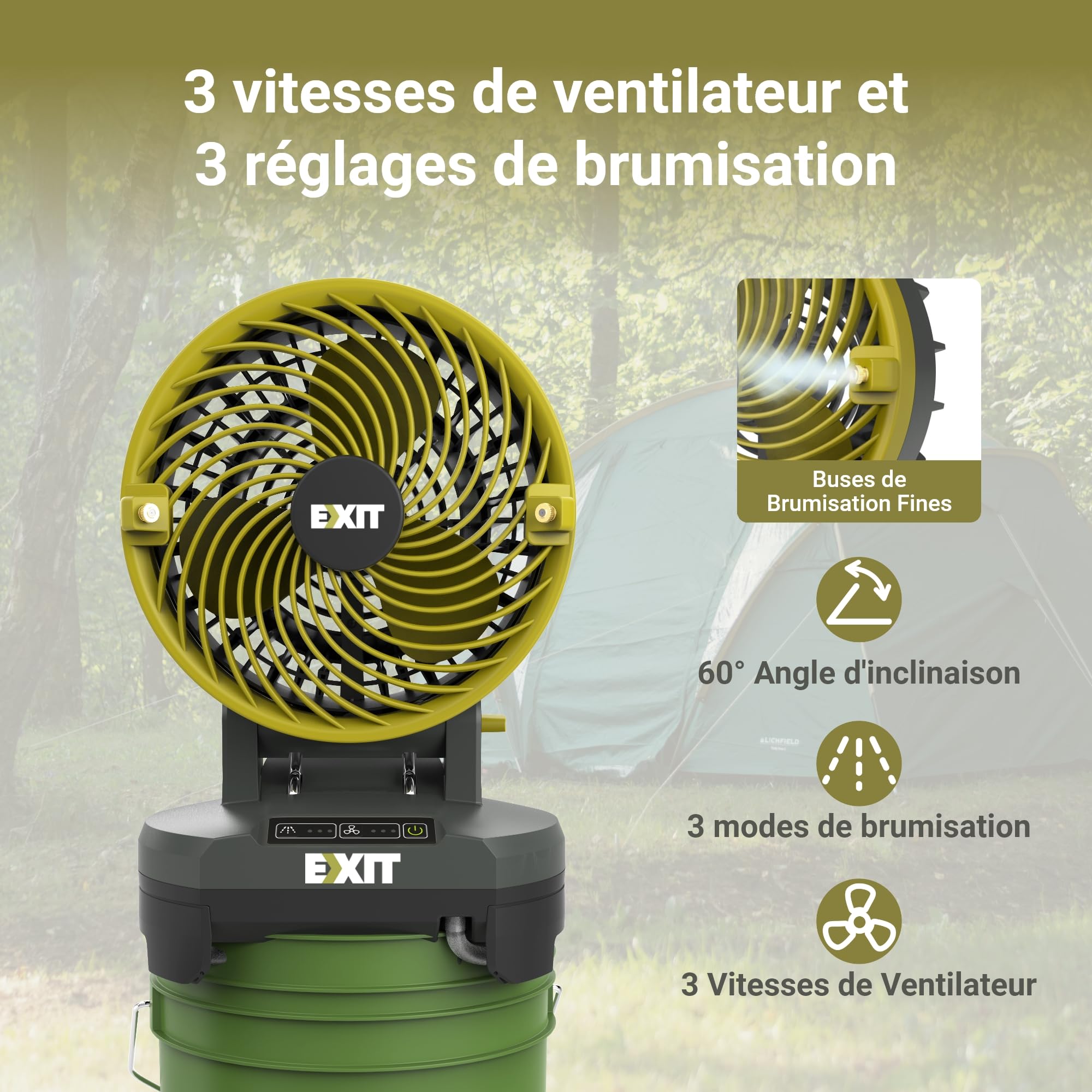 EXIT 20V Ventilateur Brumisateur Extérieur sur à Batterie 3 Vitesses EX022 | Portable Ventilateur rechargeable 3 réglages de brume,S'Installe sur Seau pour camping,terrasse,jardin,pêche et chantier