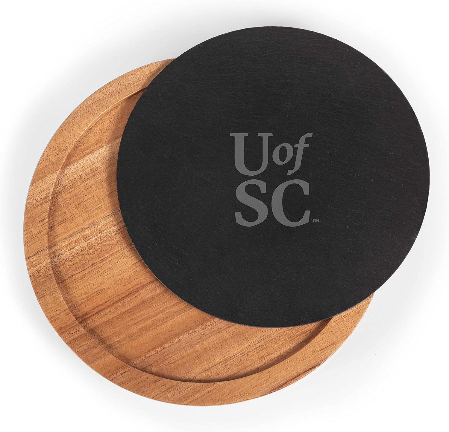 PICNIC TIME NCAA Insignia - Acacia and Slate Serving Board with Cheese Tools, (Acacia Wood & Slate Black with Gold Accents)