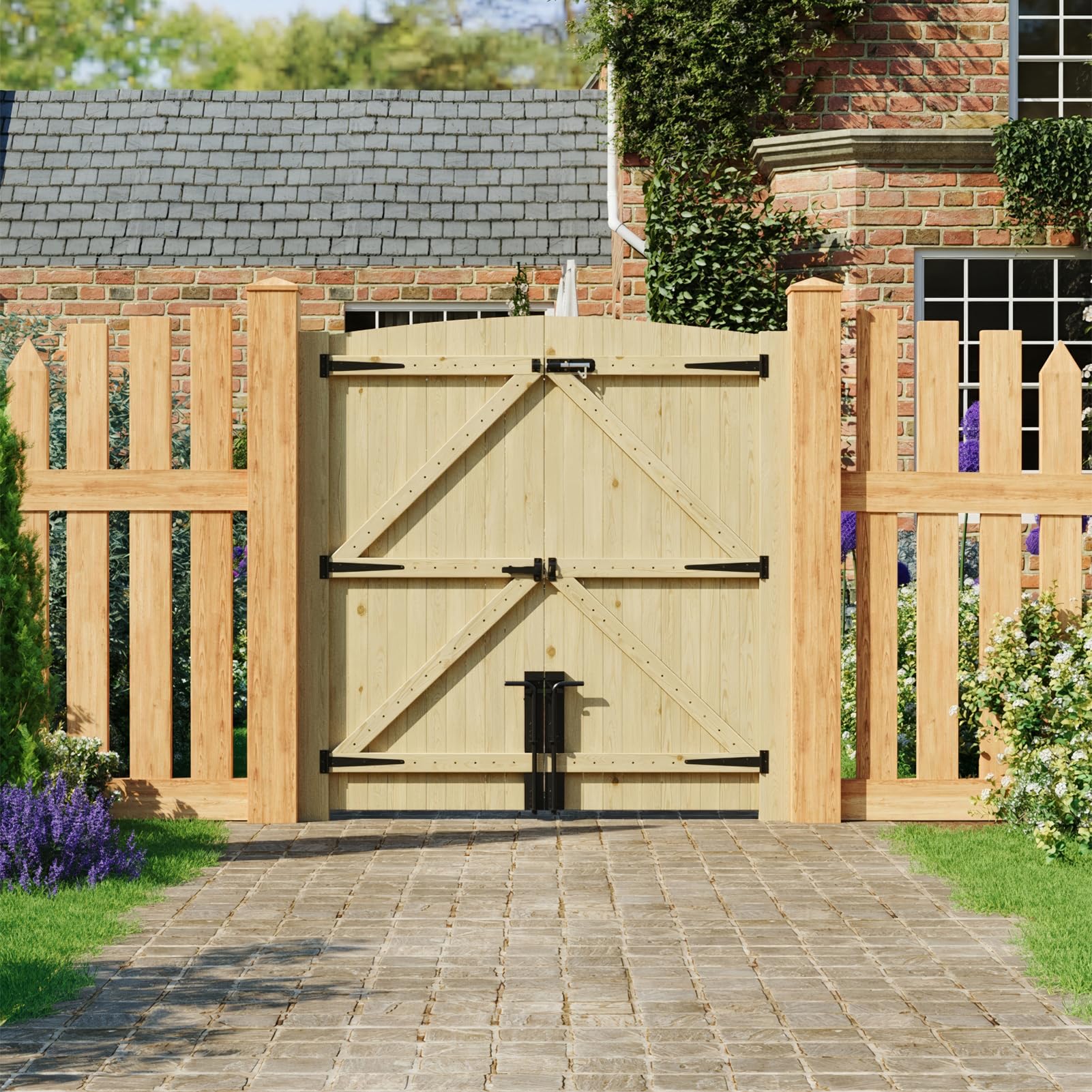 INMOZATA Double Garden Gates,Wooden Drive Way/Pedestrian Gate with Lock and Knocker Heavy Duty Swing Gates for Garden Animal Sheds Farm entrances(6ftwide*6ft high)