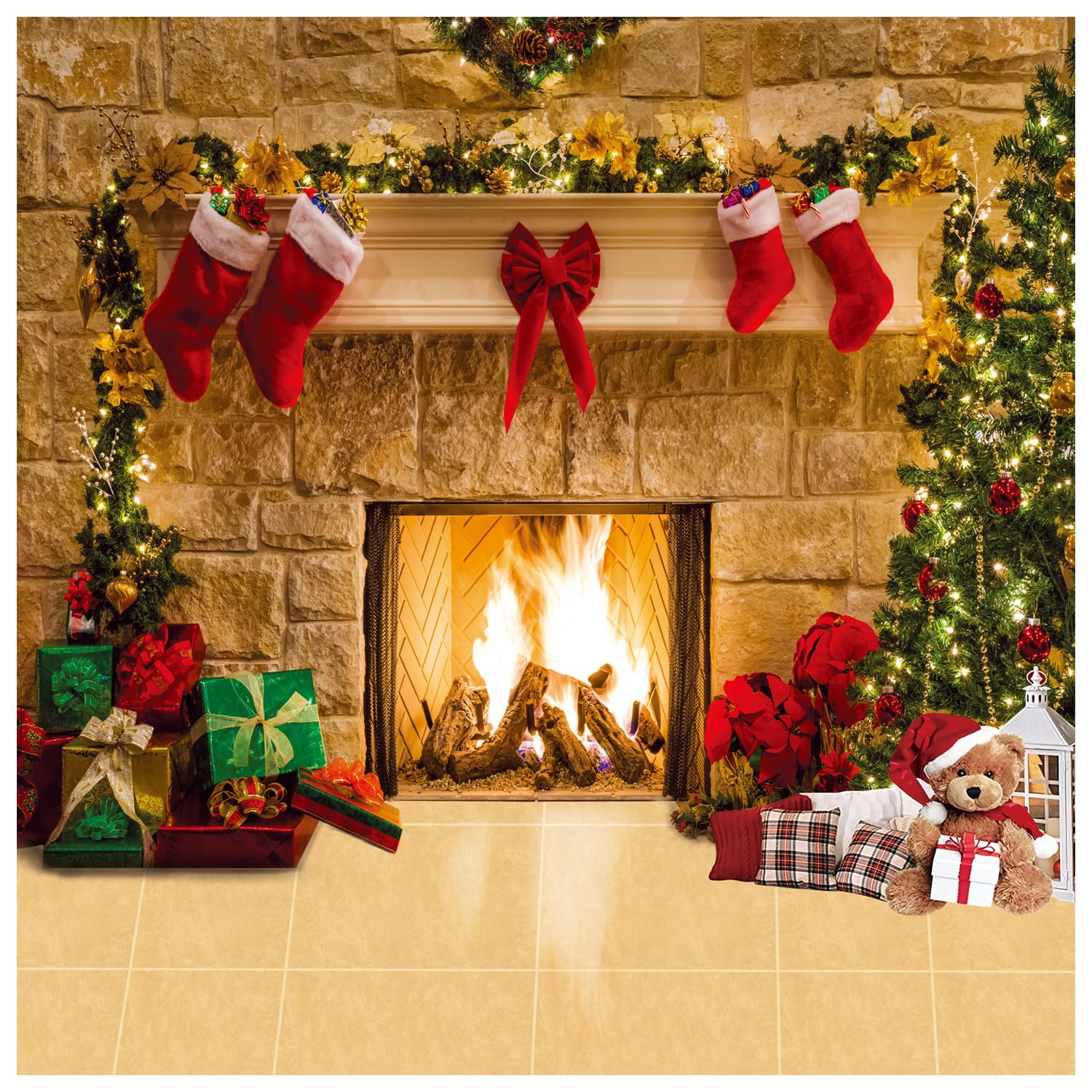 YYNXSY 10x10FT Christmas Fireplace Background with Tree, Ornaments, Wooden Floor - New Year Home Decoration for Christmas Eve Holiday - YY-3503