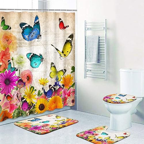 Miniatura 10 de Subwest Juego de 4 cortinas de ducha con diseño de gnomo, lindo tarro de flores de elfo enano, abeja, rústico, tablero a rayas de madera blanca con