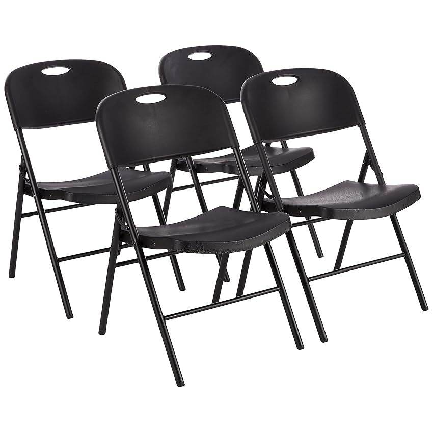 Amazon Basics Set di 4 sedie pieghevoli in plastica e metallo, da campeggio o da cucina, per interni ed esterni, nero, capacità di carico fino a 158 kg